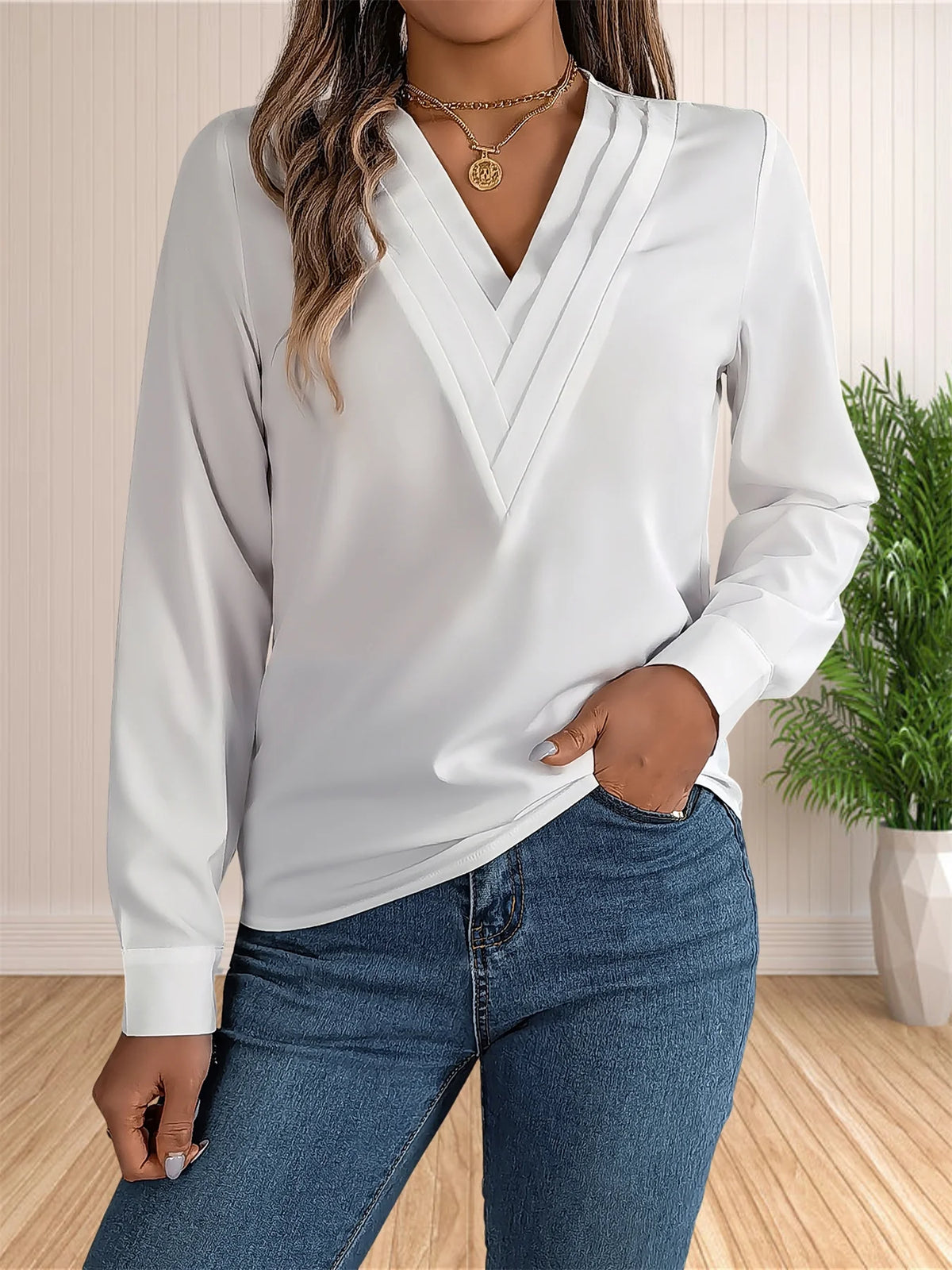 Women's Elegant Business Office Blouse Layered V Neck Long Sleeve Dressy Shirts Work Tops - Chrissy's Eye
