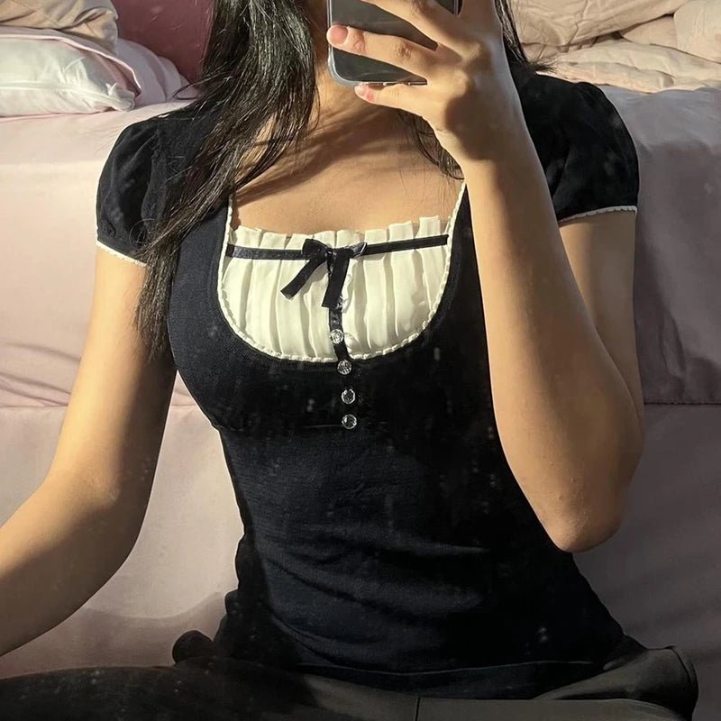 Grunge T-shirt Women Preppy Bow Crop Top Vintage Patchwork Square Collare Puff Sleeve Milkmaid Top - Chrissy's Eye