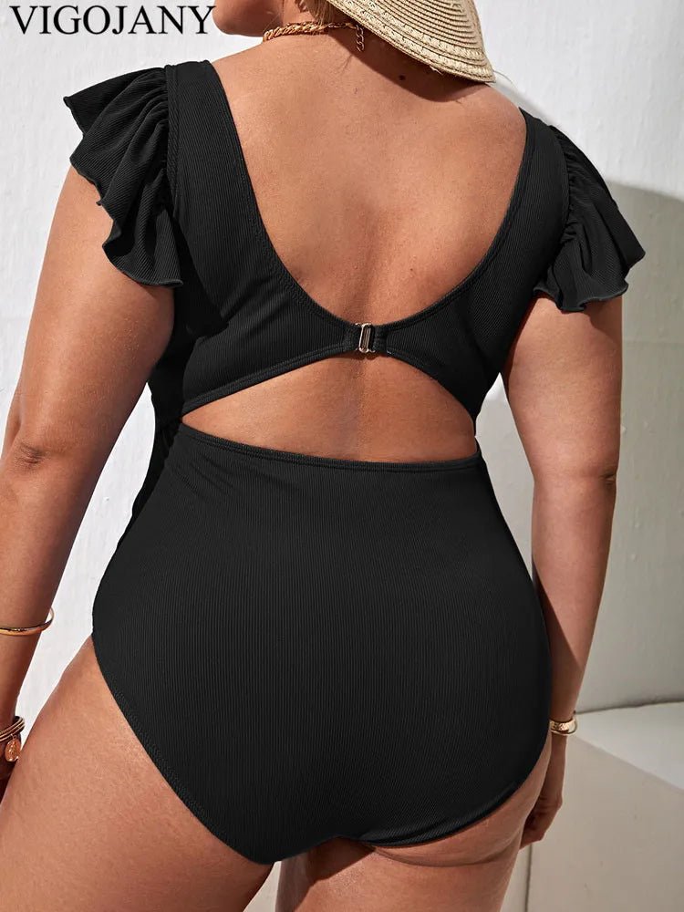 Solid Sexy Plus Size Swimwear Women Ruffle Short Sleeve Large One Piece Swimsuit Summer Beach Chubby Bathing Suit - Chrissy's Eye