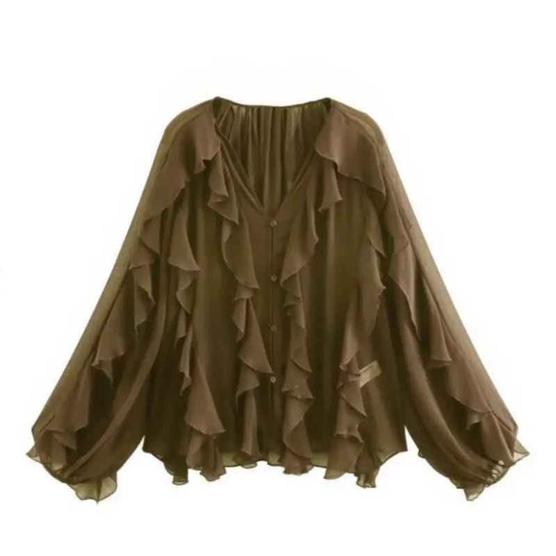 2026 Summer Chic Women's Elegant Loose Long Sleeve Layered Shirts Office Lady Vintage V-neck Translucent Tierred Ruffles Blouses - Chrissy's Eye