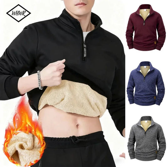 Men Fleece Lined Sweatshirts Winter Warm Pullover Half Zipper Pullover for Male Hoody Outdoor Sweatshit Solid Color Stand Collar - Chrissy's Eye