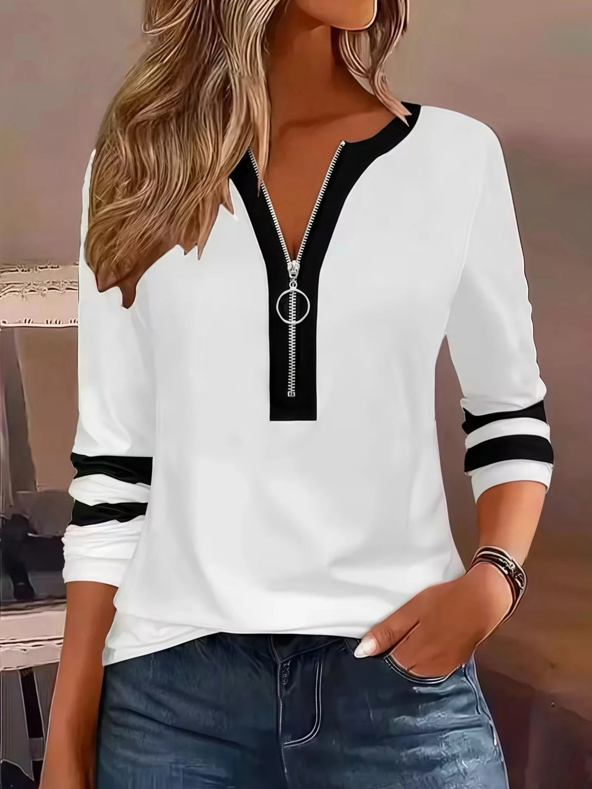 Plus Size Long Sleeve T-Shirt with Geometric Stripes & Color Block Ring Zipper Detail - Chrissy's Eye