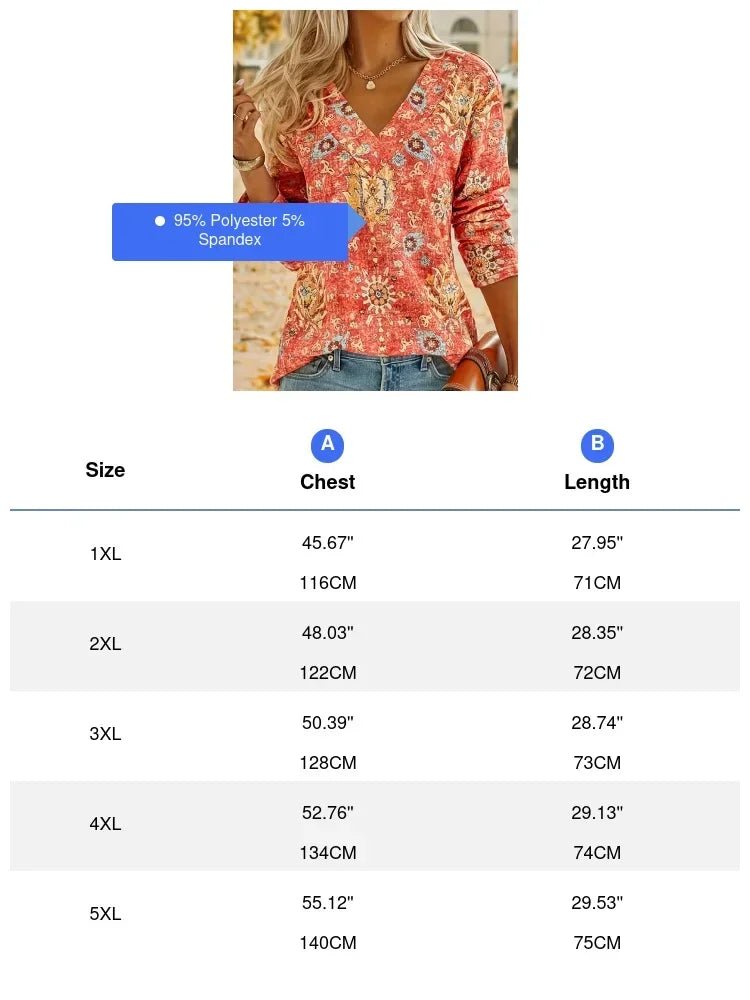 Plus Size Boho Top Women's Plus Floral Print Long Sleeve T-Shirt Casual V Neck Slight Stretch Top Clothing - Chrissy's Eye