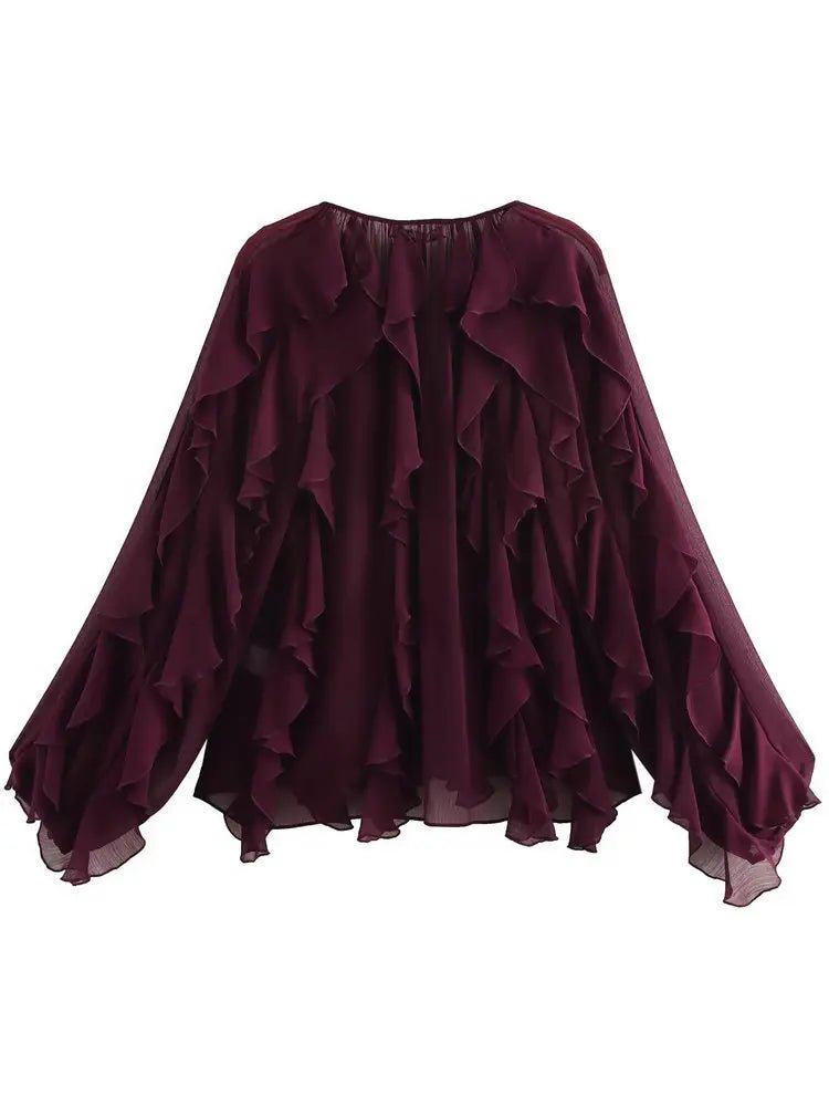 2026 Summer Chic Women's Elegant Loose Long Sleeve Layered Shirts Office Lady Vintage V-neck Translucent Tierred Ruffles Blouses - Chrissy's Eye