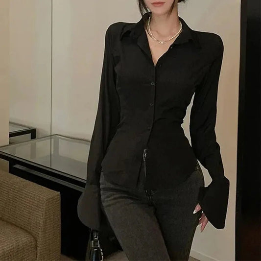 Fashion Women Bandage Shirts Korean All Match Streetwear Female Slim Blouse Spring Casual White Bell Sleeve Shirt New - Chrissy's Eye