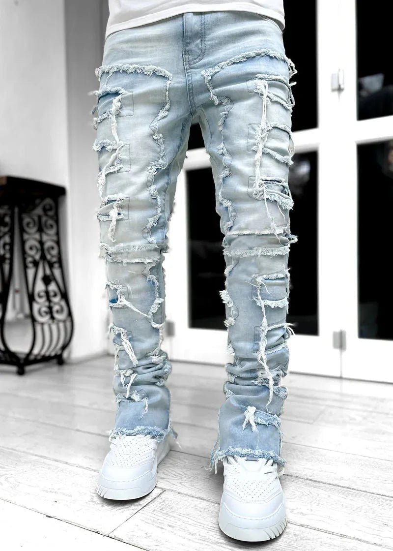 Men's Regular Fit Stacked Jeans Ripped Slim Fit Patch Distressed Destroyed Straight Denim Pants Hip Hop Streetwear Trouser Cloth - Chrissy's Eye
