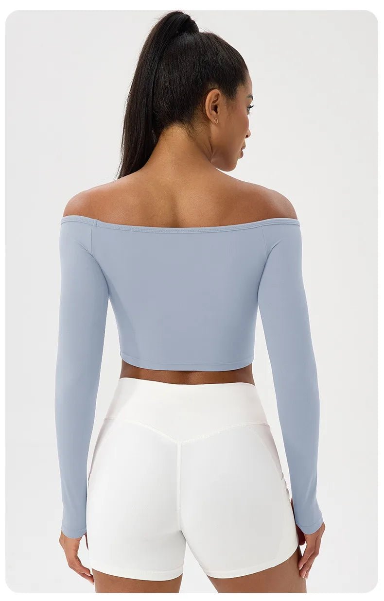 Women Sexy Off Shoulder Yoga Top Long Sleeve Gym Running Top Solid Quick-Dry Sport Workout Shirt - Chrissy's Eye