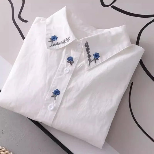 Pure Cotton White Shirts Women Turn Down Collar Embroidered Long Sleeve Casual Tops Little blue flower - Chrissy's Eye