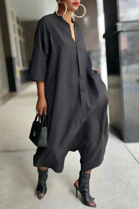 Women Plus Size Jumpsuit Business Casual Black Shirt Collar 3/4 Sleeve Pocket Harem Pants Rompers Single Breasted Loose Outfits - Chrissy's Eye
