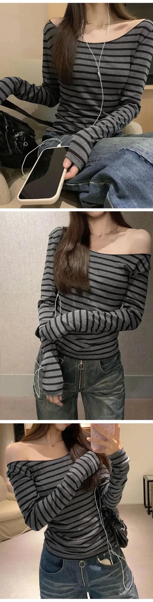 Spring Fall Women's New Japanese Basic Models Slim Long-Sleeved Striped t-Shirt Strapless Korean Street Style y2k Thin Tops - Chrissy's Eye
