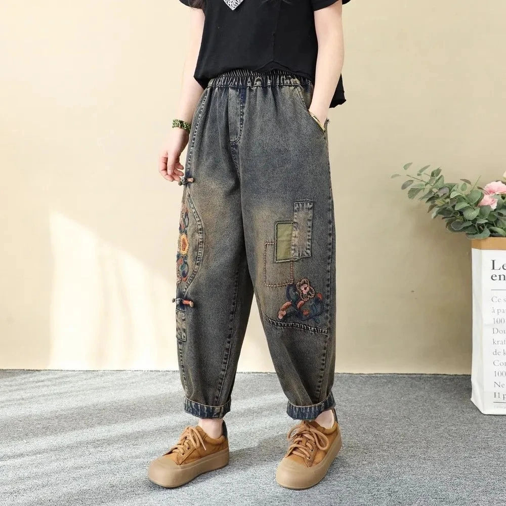 Artistic Retro Embroidered Jeans Women's Wear 2026 Spring Autumn New Loose High Waist Elastic Denim pants Female Casual Trousers - Chrissy's Eye