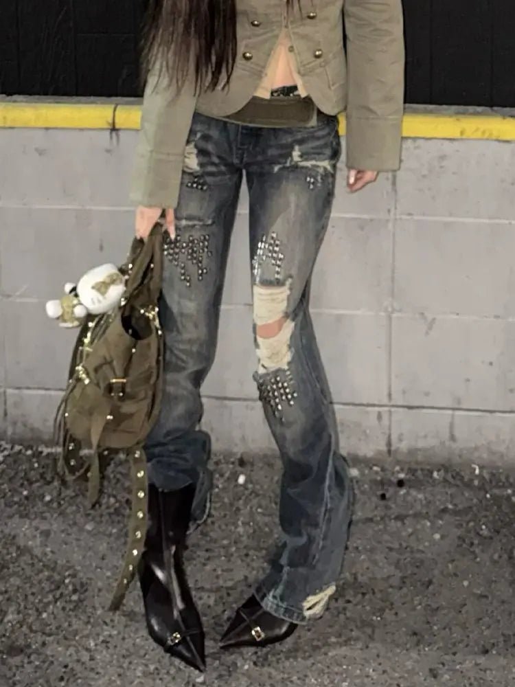 Women Vintage Ripped Y2k Jeans Streetwear American Retro Rivet Hole Design Denim Pants High Street Grunge Trousers Pantalones - Chrissy's Eye