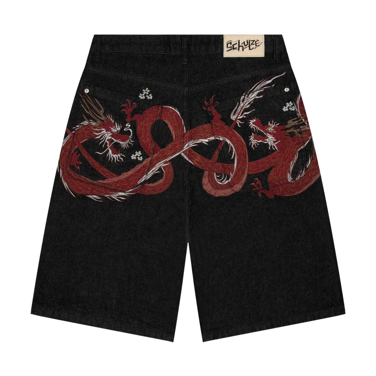 Men Dark Wash Denim Shorts Back Pocket Cherry Blossom Embroidered Loose Fit Knee Length Vintage Streetwear Casual Summer Wear - Chrissy's Eye