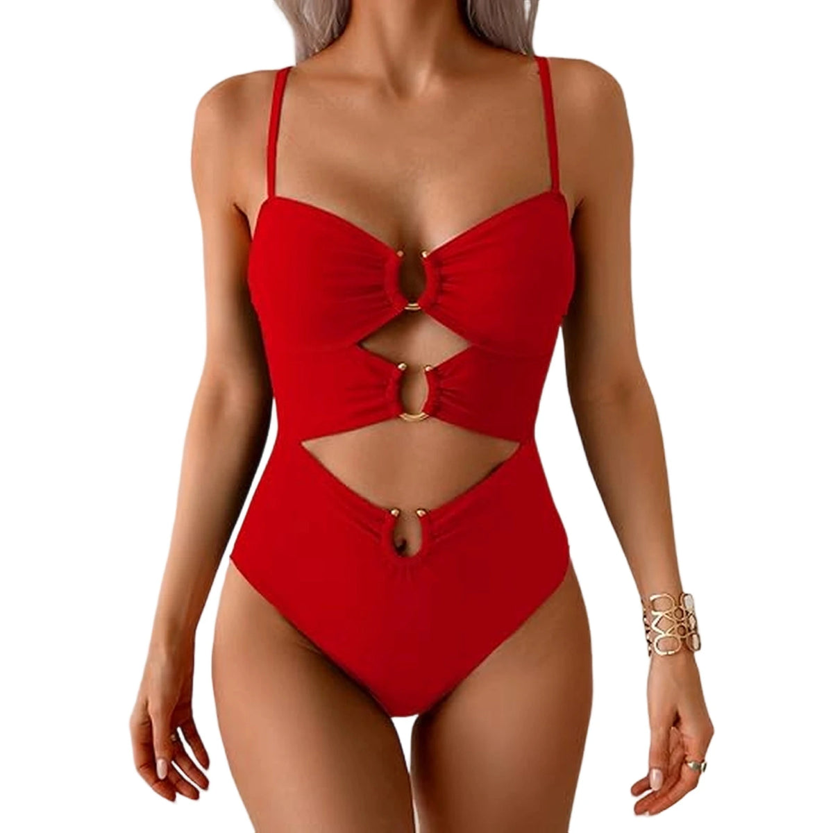 Sexy Cutout Swimsuit Solid Color Summer Spaghetti Strap Color Block Ring Detail One Piece Beach High Cut Bathing Suit - Chrissy's Eye