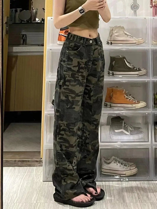 American Vintage Camo Cargo Jeans Women Hip Hop Streetwear Loose Fit Straight Leg Pants Fashion Design Slimming Casual Denim - Chrissy's Eye