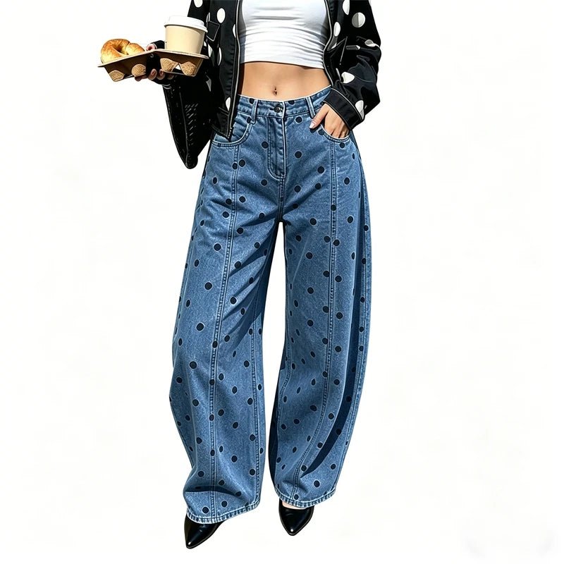 Fashion Women Barrel Jeans Dot Print Loose Denim Pants Spring Casual Baggy Trousers Fashion Wide-Leg Pants - Chrissy's Eye