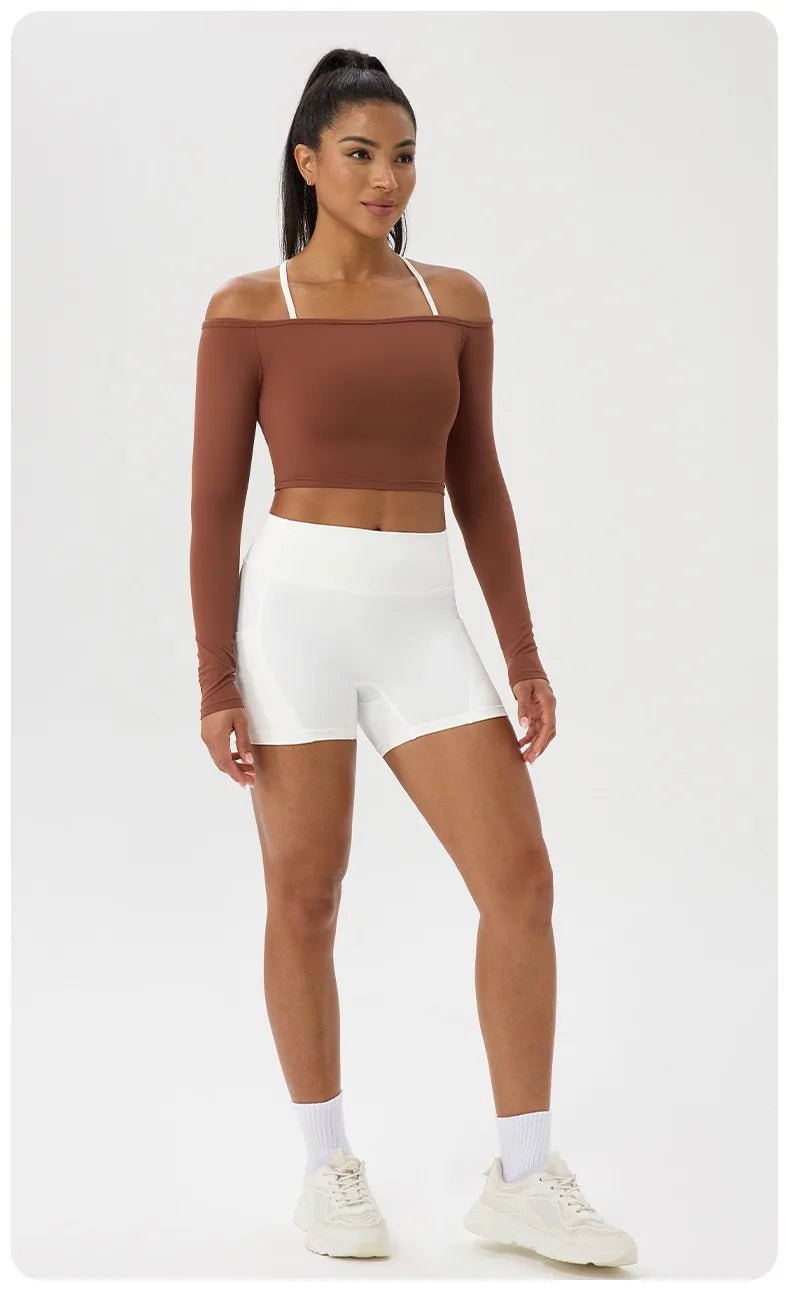 Women Sexy Off Shoulder Yoga Top Long Sleeve Gym Running Top Solid Quick-Dry Sport Workout Shirt - Chrissy's Eye