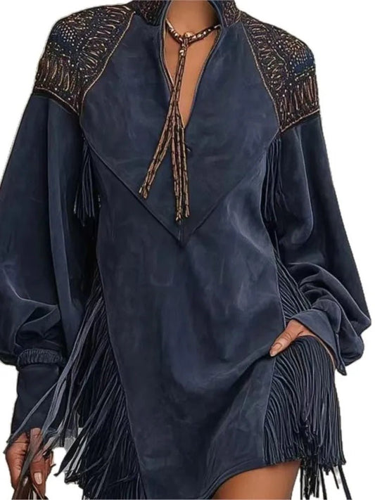 Fashion Vintage Print Tassels Mini Dress Woman Casual V Neck Pocket A-Line Dress Autumn Winter Long Sleeve High Waist Boho Dress - Chrissy's Eye