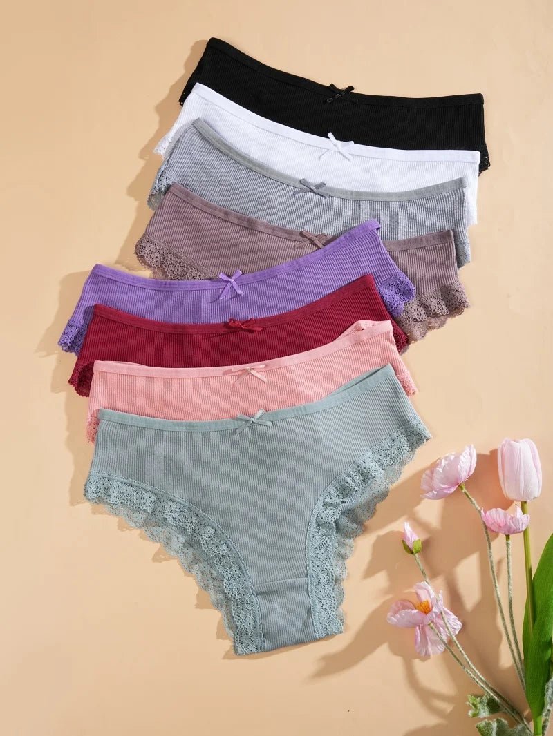 8PCS Women's Cotton Fabric Panties Sexy Lace Bowknot Solid Color Bikini Underpants Fashion Double Straps Comfortable Underwear - Chrissy's Eye