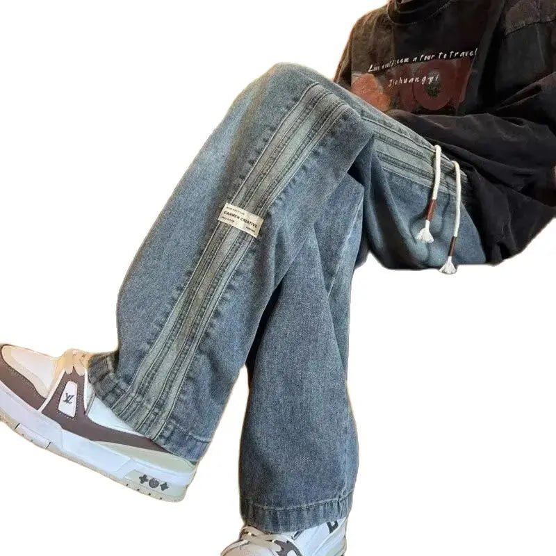 Three bar American retro jeans men's spring and autumn new style high street elastic waist loose casual men's straight leg long - Chrissy's Eye