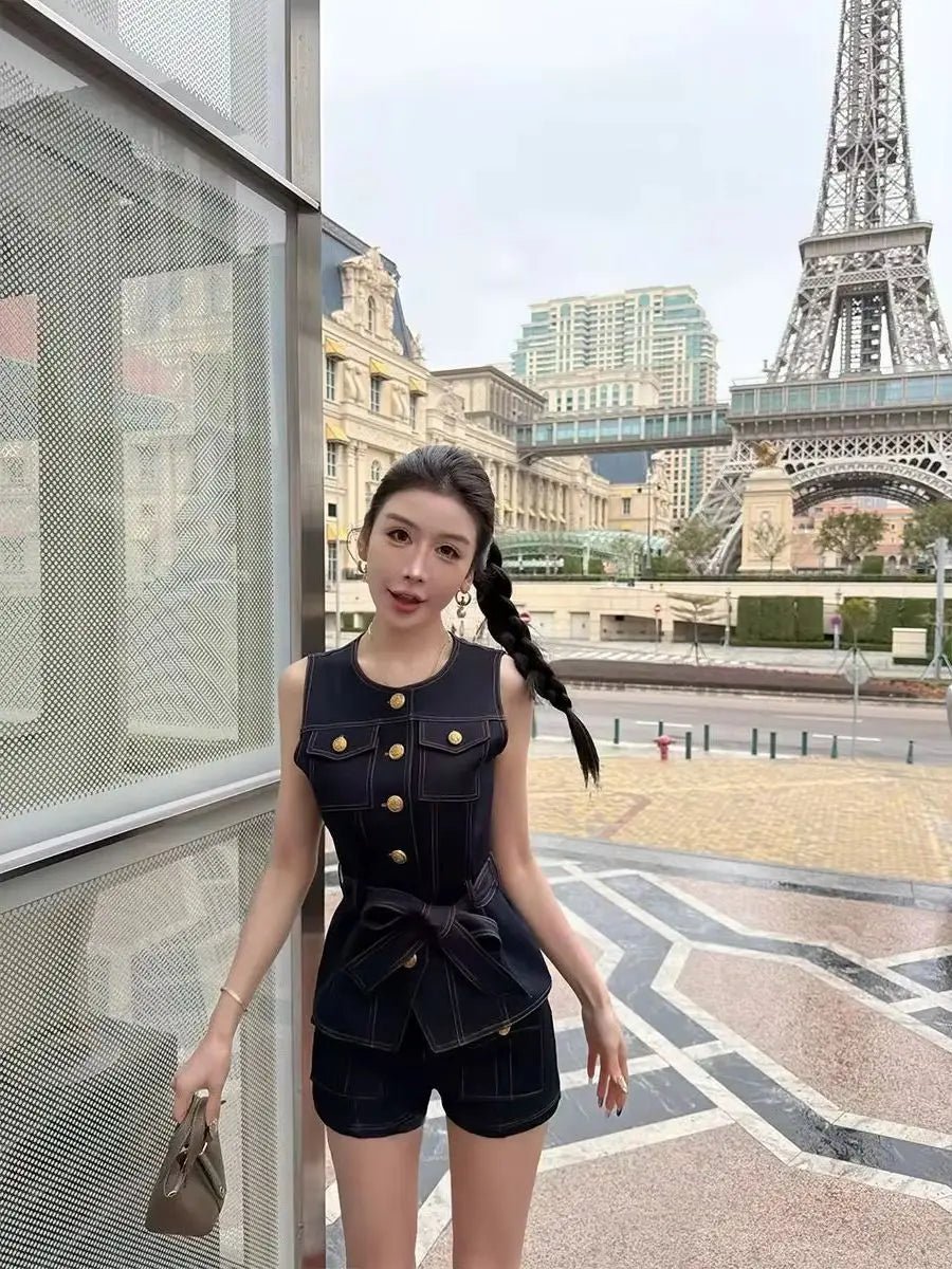 2026 Spring/Summer New Dark Blue High-Waist Denim Shorts USA Y2K Women's Fashion Street Dance Gothic Casual Slim Shorts - Chrissy's Eye