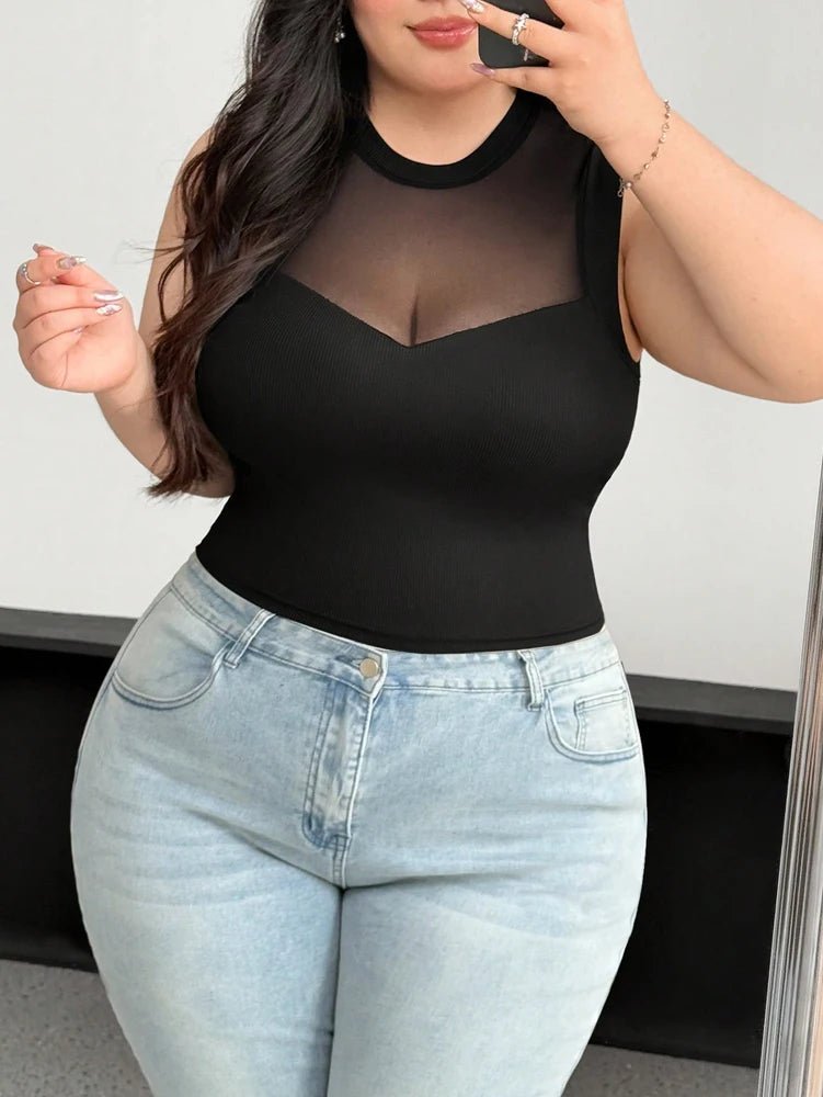 Plus Size Women's 2025 Summer New Sleeveless Round Neck Mesh See Through Sexy Mesh Splicing Black Blouse T Shirt Polyester - Chrissy's Eye