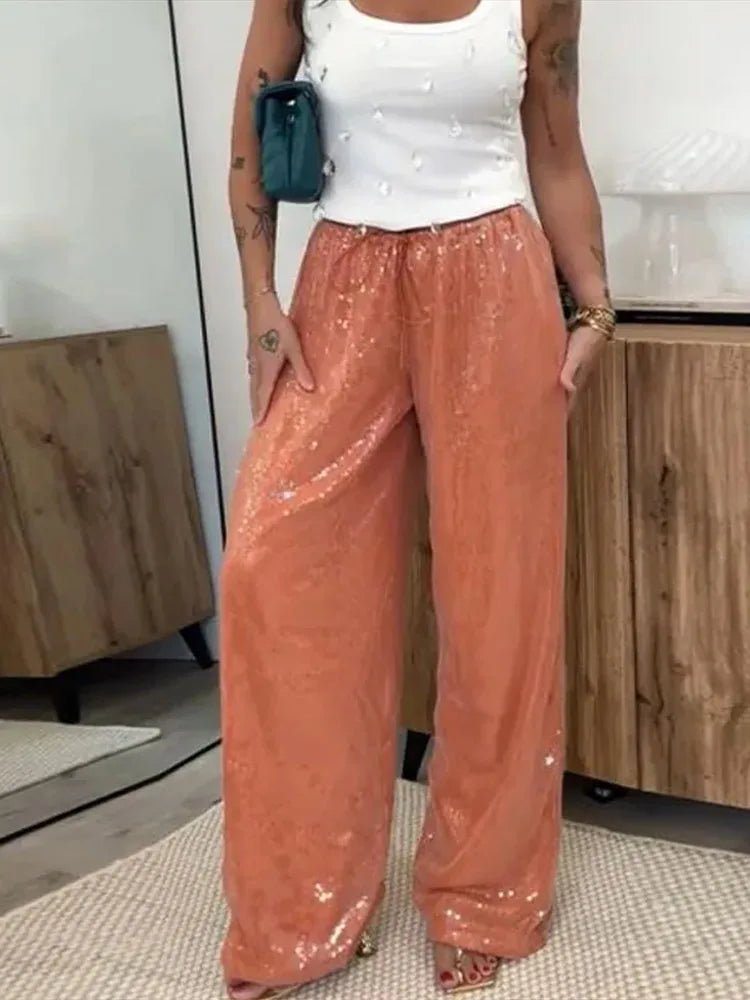 Fashion Sequin Loose Pants Women Solid Drawstring High Waist Wide Leg Trousers Female 2026 Fashion Summer Shinny Bottom Lady - Chrissy's Eye