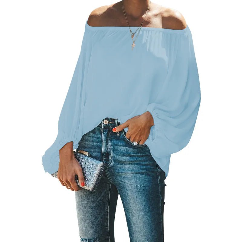 2024 off-shoulder tops for women autumn new one-shoulder solid color lantern sleeves loose long-sleeved T-shirt - Chrissy's Eye
