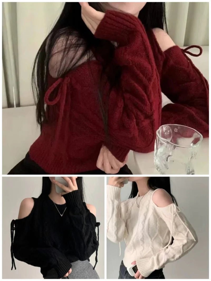 Chic Solid Color Off Shoulder Lace Up Women's Knitted Sweater - Chrissy's Eye