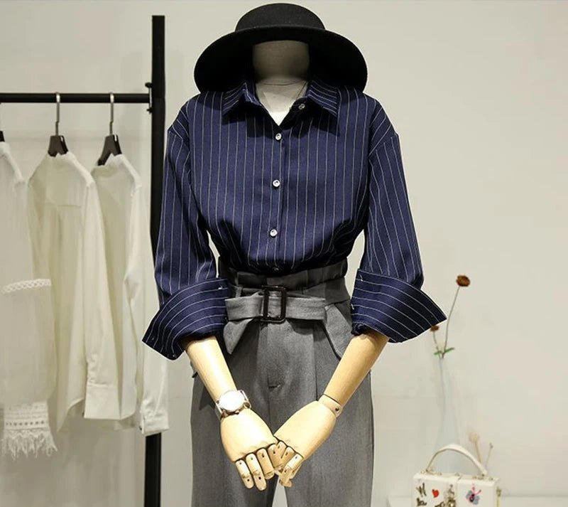 Retro Striped Women's Shirt, Office Long Sleeve Casual Blouse, Button-down Turn Down Collar blouse - Chrissy's Eye