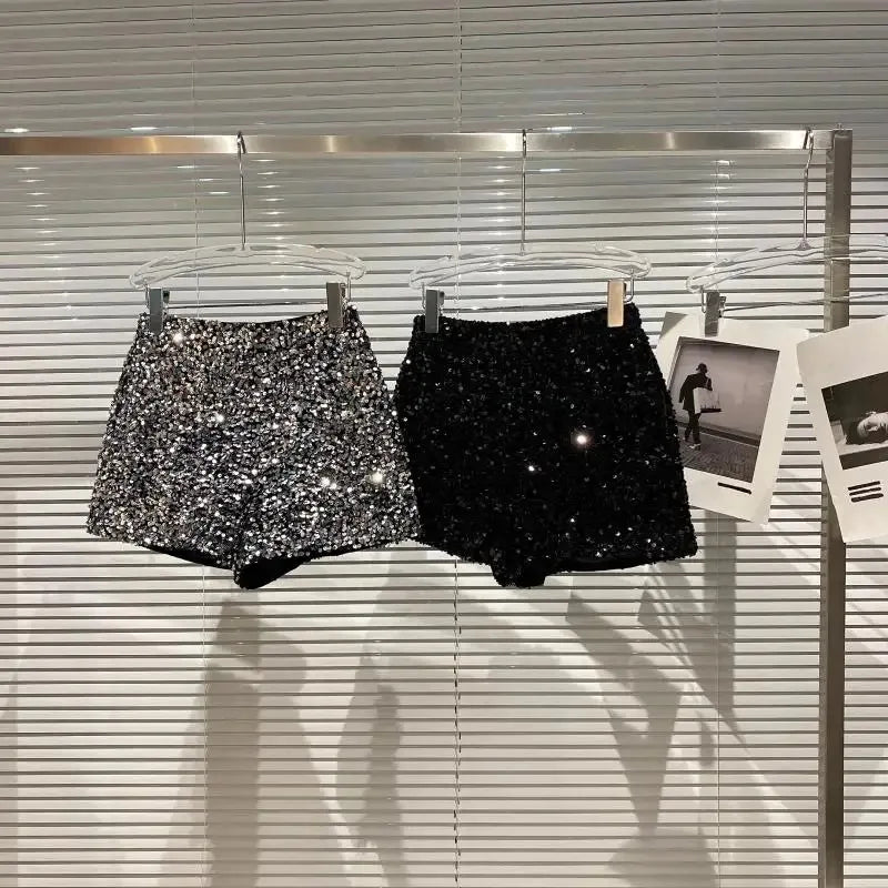 New Autumn Black Velvet Shorts Women Sequined Shiny Versatile Short Pants Clubwear Shorts Hot Pants High Street - Chrissy's Eye