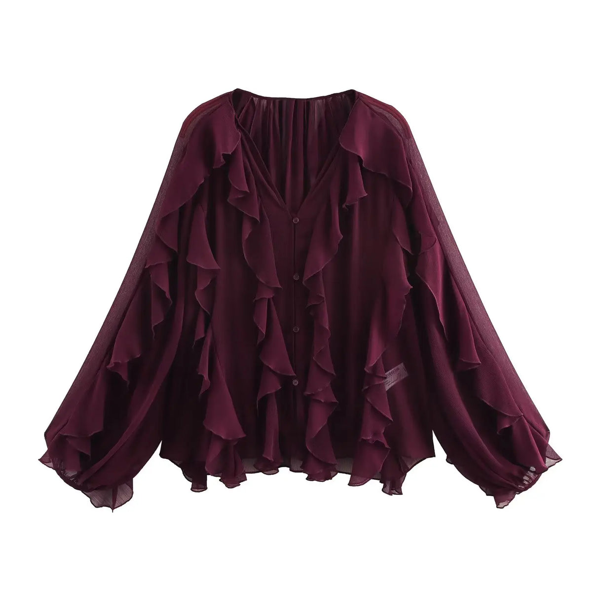 2026 Summer Chic Women's Elegant Loose Long Sleeve Layered Shirts Office Lady Vintage V-neck Translucent Tierred Ruffles Blouses - Chrissy's Eye