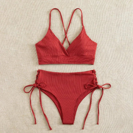 Cikini-V-Neck Split Bikini Set for Women, Sexy Swimsuit, Lace Up, Triangular Bikinis, Solid Color, Beach Swimwear, Bathing Suit - Chrissy's Eye