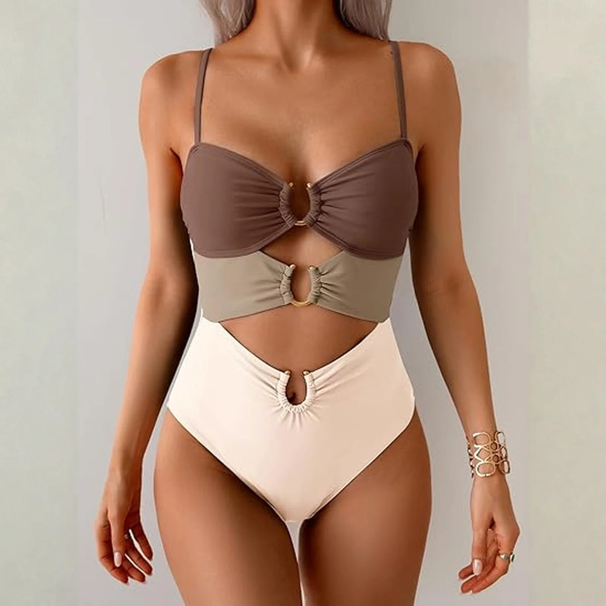 Sexy Cutout Swimsuit Solid Color Summer Spaghetti Strap Color Block Ring Detail One Piece Beach High Cut Bathing Suit - Chrissy's Eye
