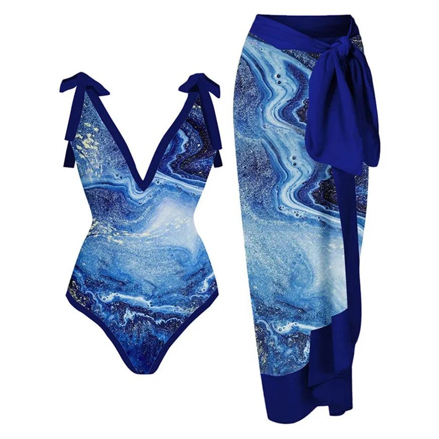 2 Pieces Retro Printed Swimsuit With Cover Up Sexy Women Swimwear 2025 V Neck Bikinis Female Biquini 3XL Bodysuit Beachwear - Chrissy's Eye
