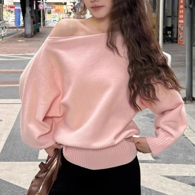 Batwing Long Sleeve Knitted Pullover Women Thick Off Shoulder Sweater - Chrissy's Eye