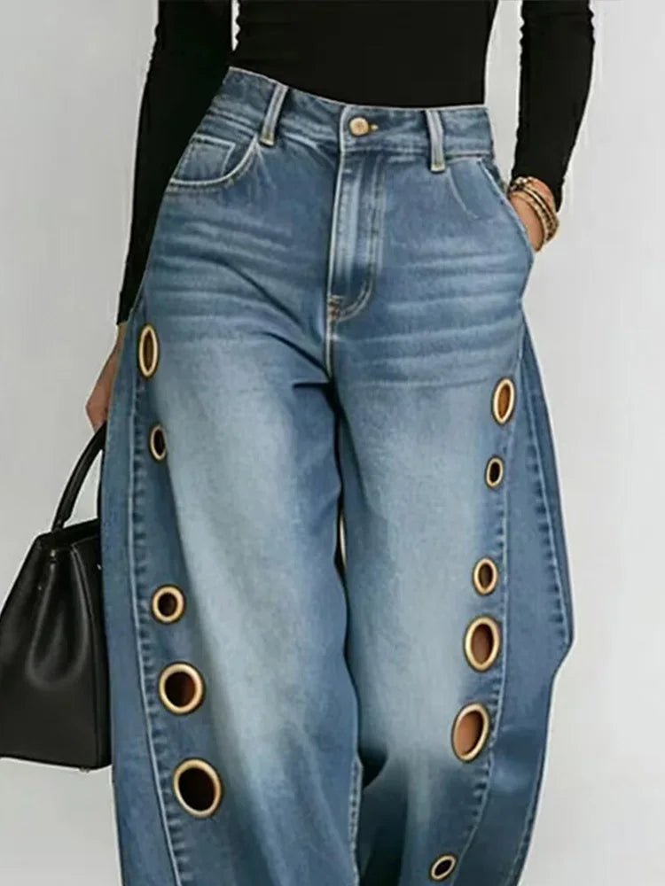 DFCF Vintage Jeans Women Fashion Casual Streetwear Jeans Y2k Loose Pockets Hollow Out Wide Leg Pants 2026 New All Season Jeans - Chrissy's Eye