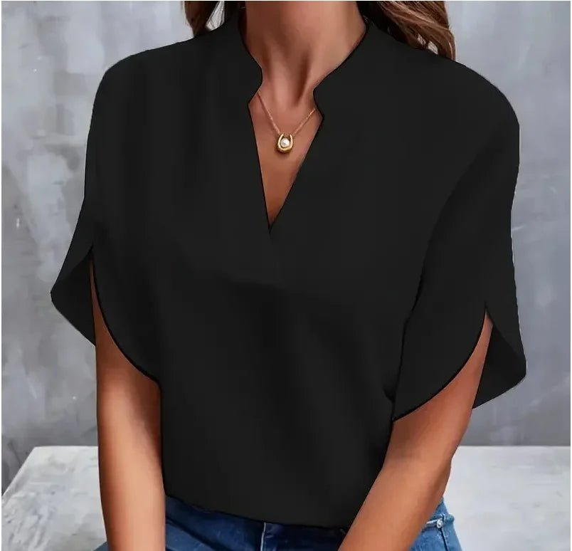 Summer Elegant Women's Blouse New V-neck Short Sleeve Solid Color Loose Shirt Casual White Tops Office Lady Blouses - Chrissy's Eye