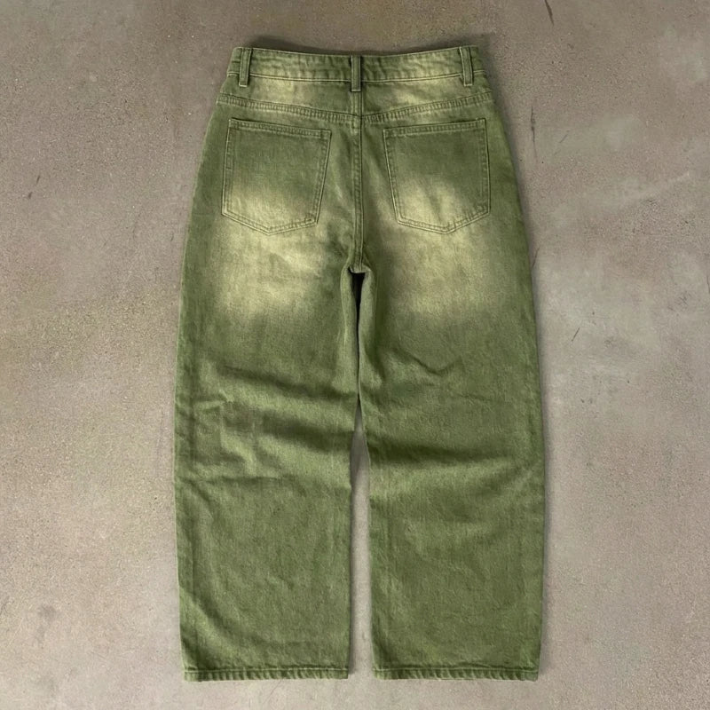 Y2K Street Matcha Denim Jeans Pocket Green 6 Ball Embroidery Denim Pants London High Street Trend Streetwear Unisex Baggy Jeans - Chrissy's Eye