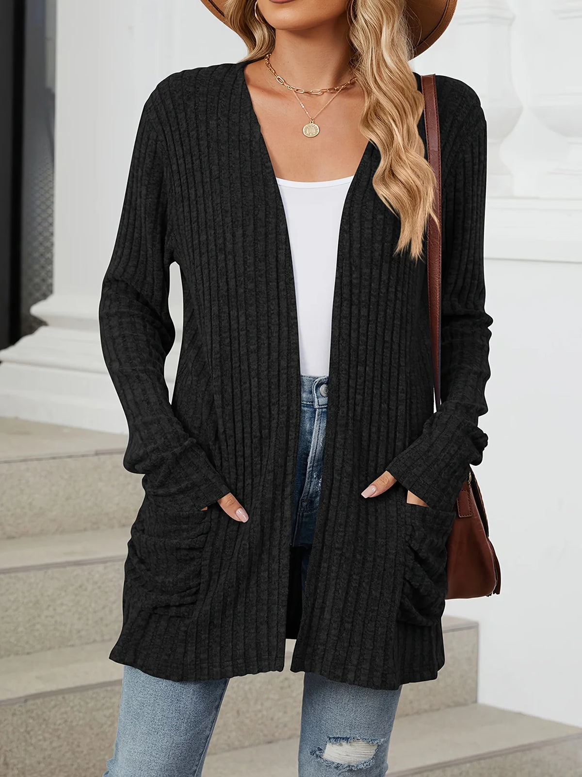 Plus Size Open Front Cardigan Casual Dual Pockets Long Sleeve Cardigan For Fall Women's Plus Size Clothing - Chrissy's Eye