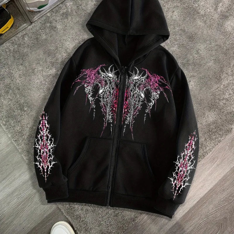 Men's Gothic Dark Print Zipper Hooded Casual Sports Sweatshirt Zipper Jacket Autumn and Winter New Casual Retro Street Style Top - Chrissy's Eye