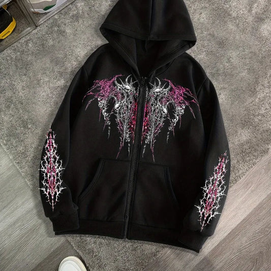 Men's Gothic Dark Print Zipper Hooded Casual Sports Sweatshirt Zipper Jacket Autumn and Winter New Casual Retro Street Style Top - Chrissy's Eye