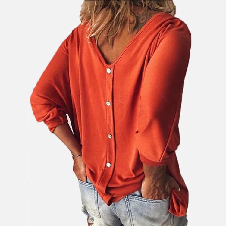 Plus Size Loose Women's Shirt V-Neck Overhead Three-Quarter Sleeve Casual Female Top Button Decoration Padded Shoulder - Chrissy's Eye