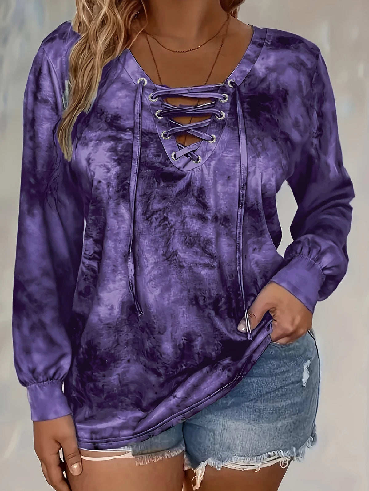 plus size women's tie dye printed long sleeved T-shirt made of polyester knitted fabric elegant lace up casual and comfortable - Chrissy's Eye