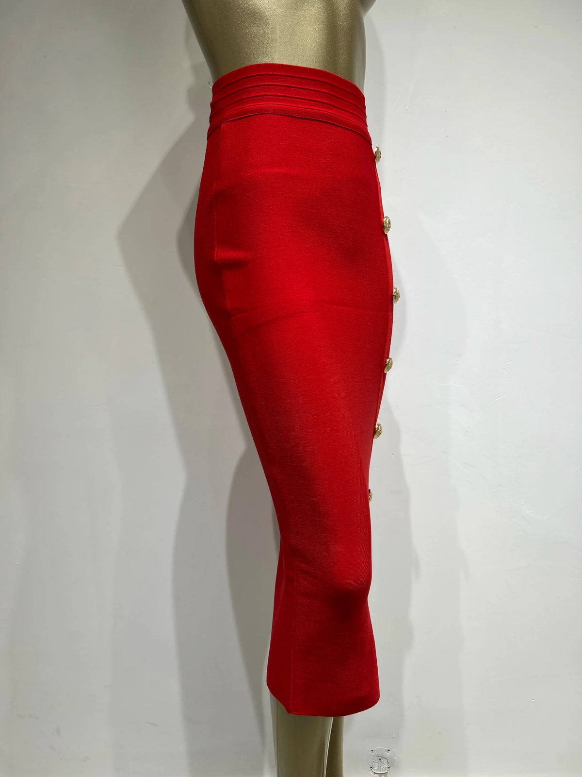 Spring New Women Bandage Skirts Elegant High Waist Midi Calf Gold Buttons Pencil Skirt High Street Office Lady Formal Clothing - Chrissy's Eye