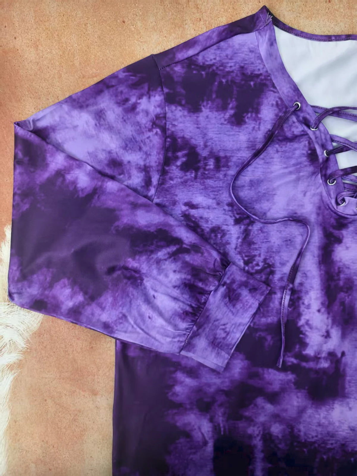 plus size women's tie dye printed long sleeved T-shirt made of polyester knitted fabric elegant lace up casual and comfortable - Chrissy's Eye