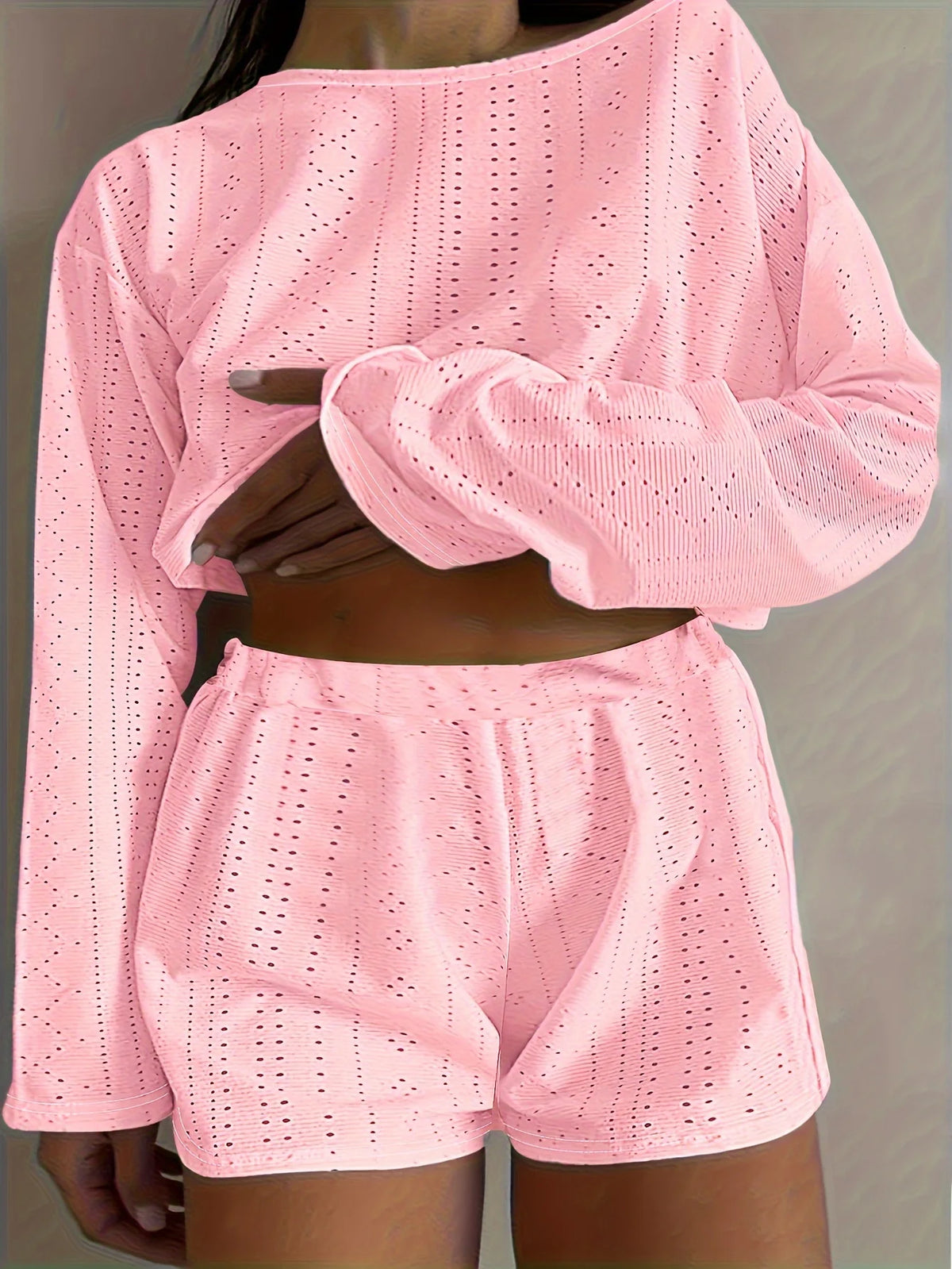 Plus Size Eyelet Casual Shorts Set, Crew Neck Long Sleeve Top & Shorts Outfits, Women's Plus Size Clothing - Chrissy's Eye