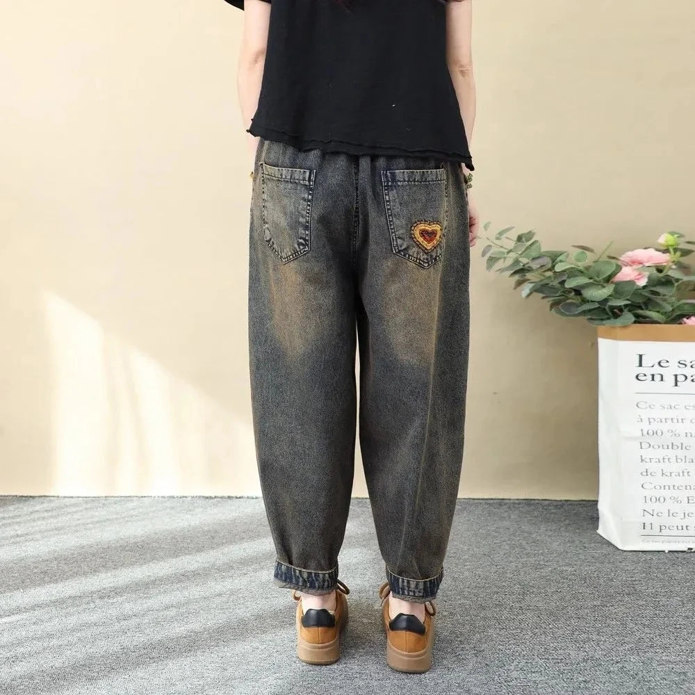 Artistic Retro Embroidered Jeans Women's Wear 2026 Spring Autumn New Loose High Waist Elastic Denim pants Female Casual Trousers - Chrissy's Eye