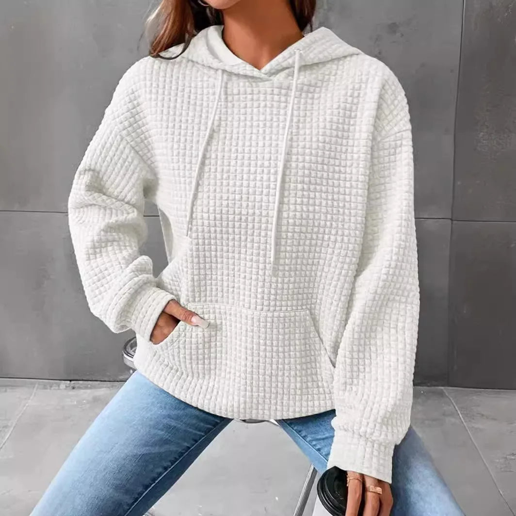 Women's hooded sweatshirt spring and autumn style waffle fashion beautiful solid color hooded drawstring loose sweatshirt - Chrissy's Eye