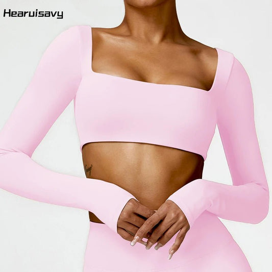 Hearuisavy Casual Quick Dry Sportswear Women Square Neck Gym Top Women Fitness Sports Crop Top Female Long Sleeve Yoga Clothing - Chrissy's Eye